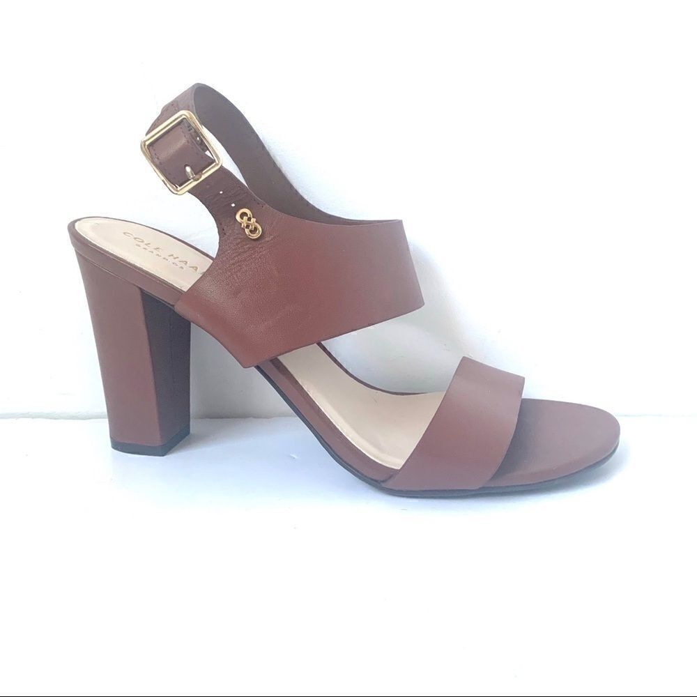 COLE HAAN BROWN LEATHER STRAPPY BLOCK HEELS